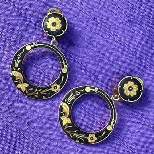 Vintage Gold & Black Damascene Clip Dangling Hoop Earrings